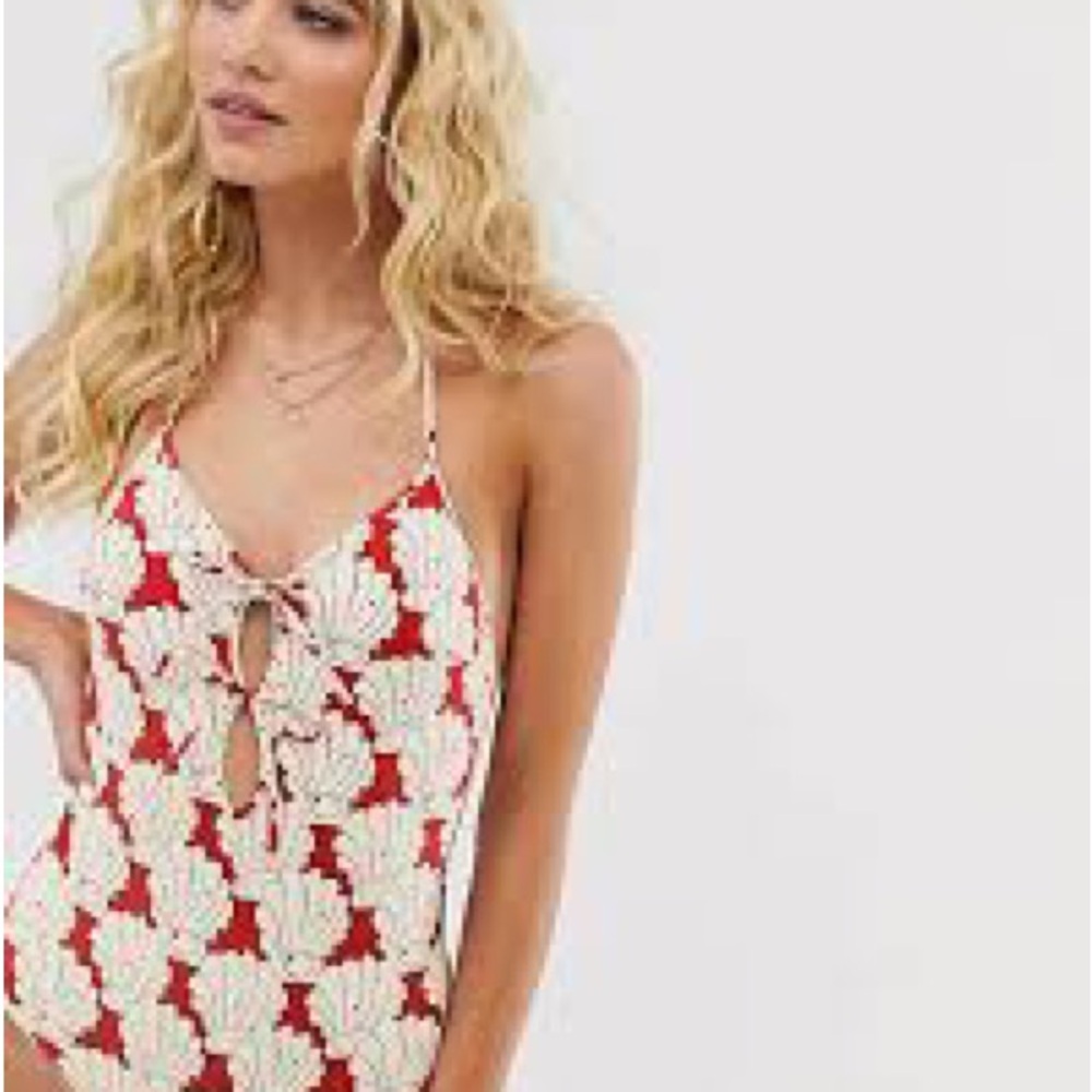 & Other Stories Shell Print Halter One Piece Swim Bathing Suit Red White Tie